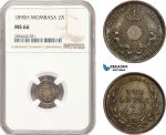 AD897, Mombasa, 2 Annas 1890-H, Heaton, Silver, NGC MS66