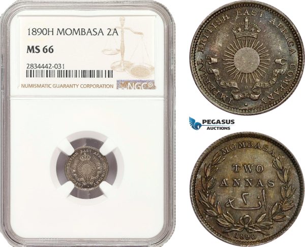 AD897, Mombasa, 2 Annas 1890-H, Heaton, Silver, NGC MS66
