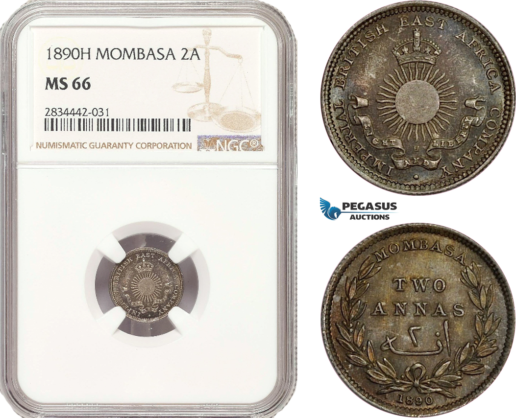 AD897, Mombasa, 2 Annas 1890-H, Heaton, Silver, NGC MS66