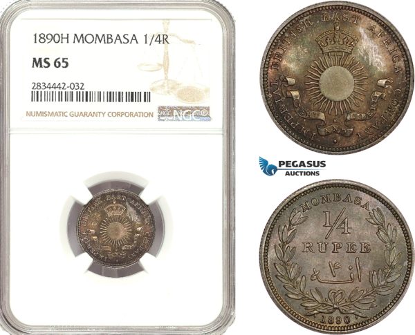 AD898, Mombasa, 1/4 Rupee 1890-H, Heaton, Silver, NGC MS65