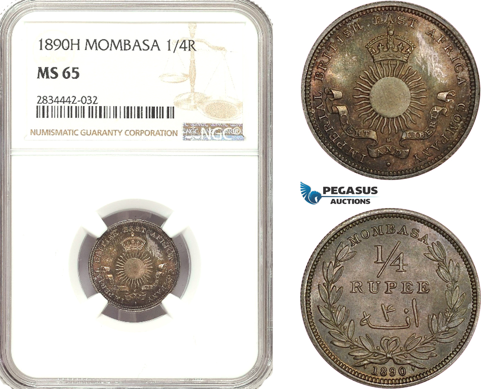 AD898, Mombasa, 1/4 Rupee 1890-H, Heaton, Silver, NGC MS65