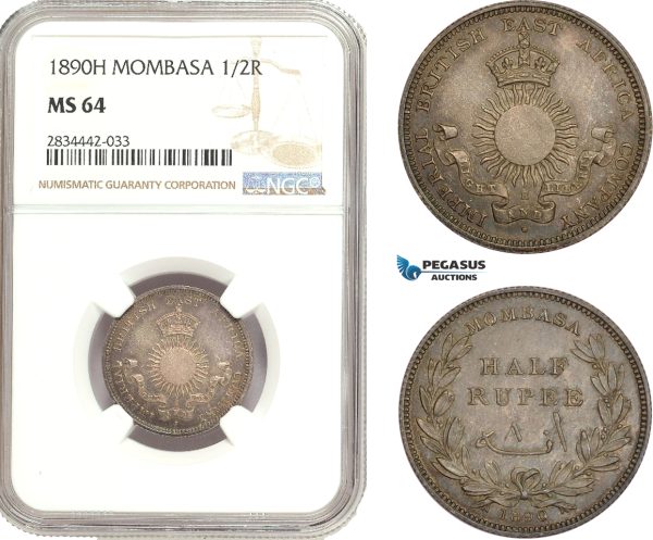 AD899, Mombasa, 1/2 Rupee 1890-H, Heaton, Silver, NGC MS64