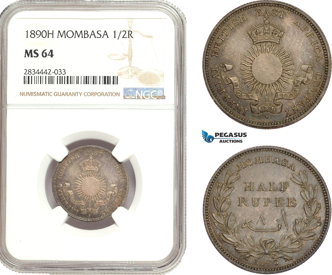 AD899, Mombasa, 1/2 Rupee 1890-H, Heaton, Silver, NGC MS64