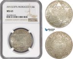 AD900, Morocco, Abdul Aziz, 1/2 Rial AH1323-PA, Paris, Silver, NGC MS63, Top Pop!