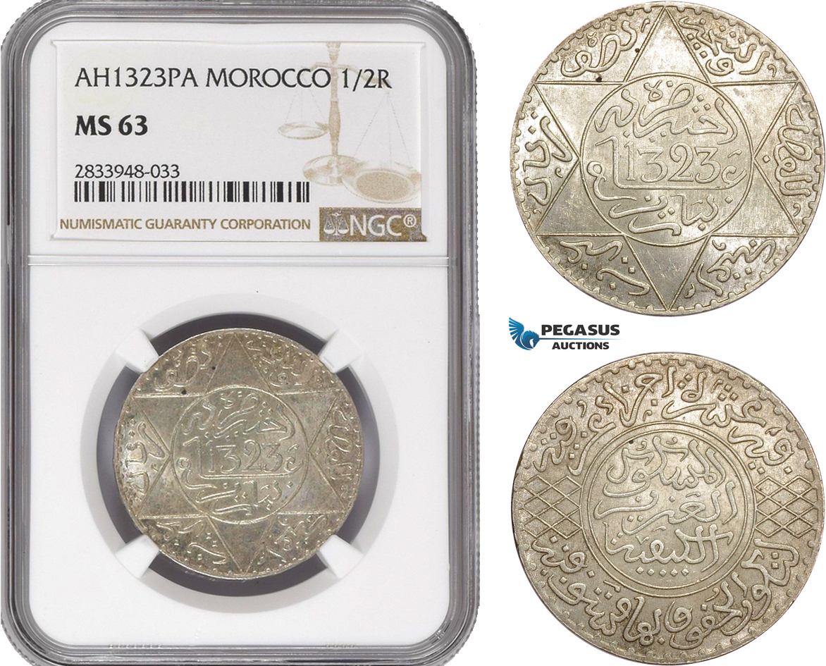 AD900, Morocco, Abdul Aziz, 1/2 Rial AH1323-PA, Paris, Silver, NGC MS63, Top Pop!