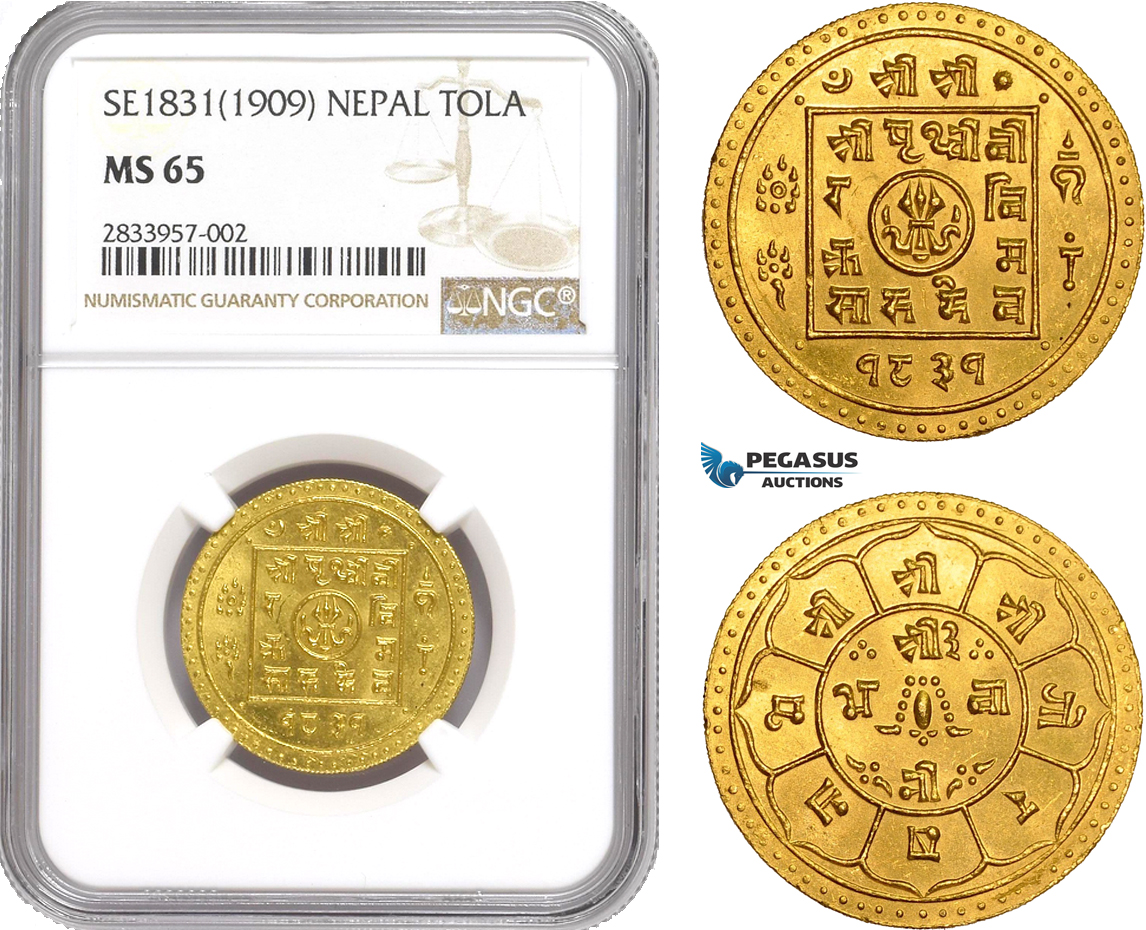 AD901, Nepal, Prithvi Bir Bikram, Tola SE1831 (1909) Gold, NGC MS65, Pop 1/0