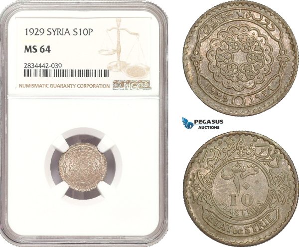 AD918, Syria, French Mandate, 10 Piastres 1929, Silver, NGC MS64