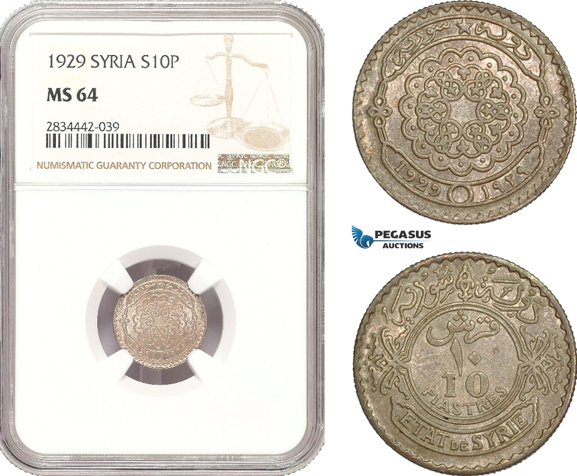 AD918, Syria, French Mandate, 10 Piastres 1929, Silver, NGC MS64