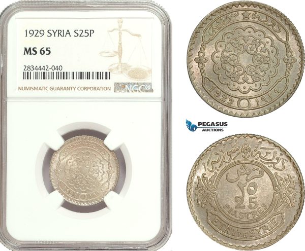 AD919, Syria, French Mandate, 25 Piastres 1929, Silver, NGC MS65, Pop 1/0
