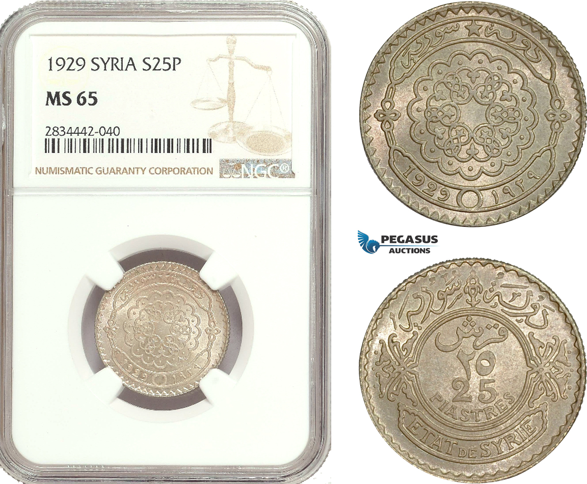 AD919, Syria, French Mandate, 25 Piastres 1929, Silver, NGC MS65, Pop 1/0