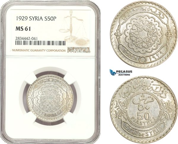 AD920, Syria, French Mandate, 50 Piastres 1929, Silver, NGC MS61