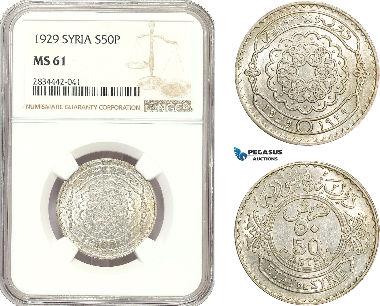 AD920, Syria, French Mandate, 50 Piastres 1929, Silver, NGC MS61