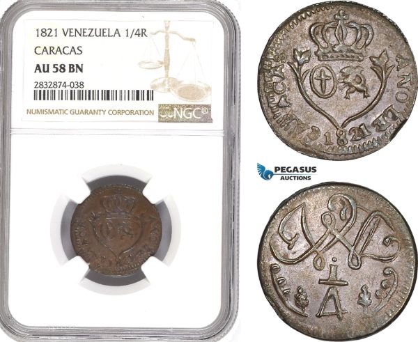 AD922, Venezuela, Caracas, 1/4 Real 1821, NGC AU58BN