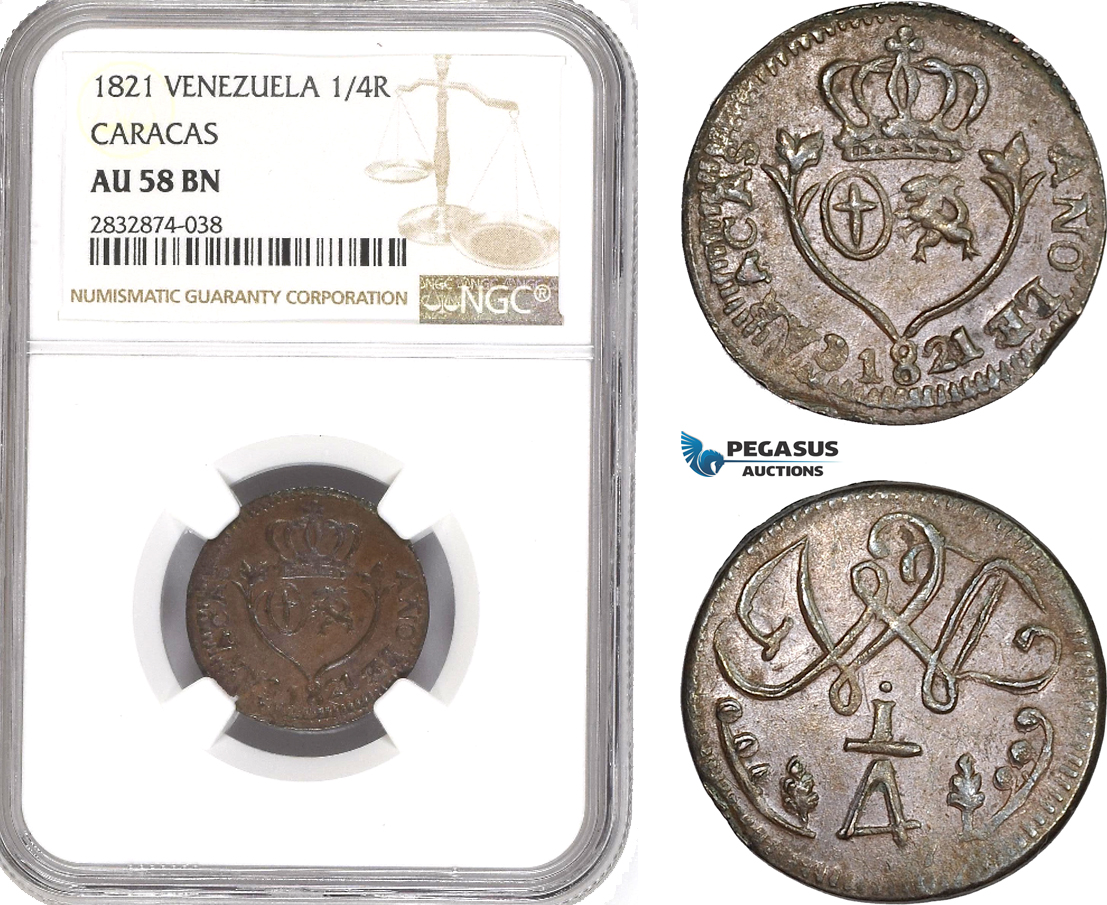 AD922, Venezuela, Caracas, 1/4 Real 1821, NGC AU58BN