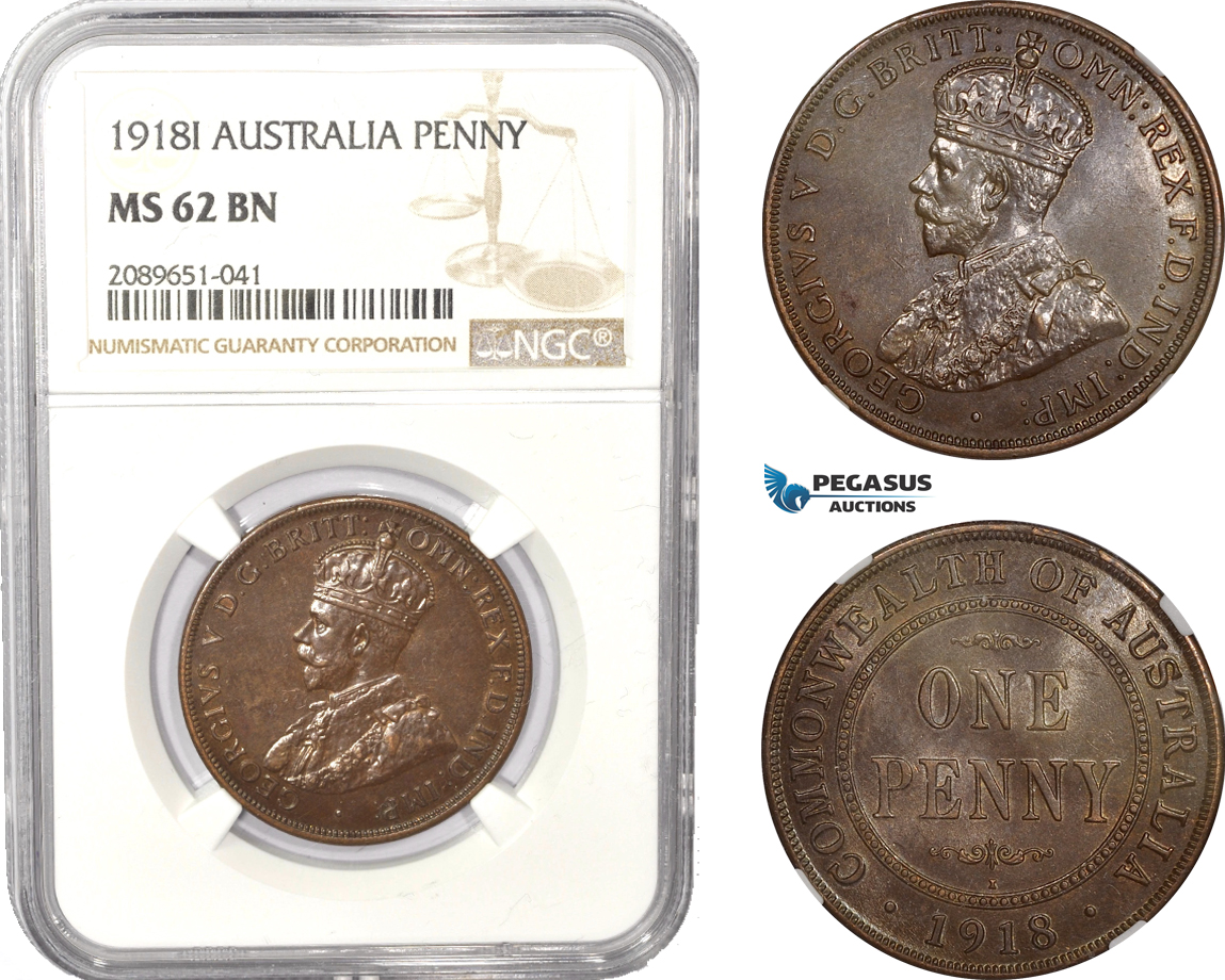 AD942, Australia, George V, 1 Penny 1918-I, NGC MS62BN