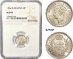 AD944, British Guiana, George VI, Fourpence (4P) 1944, Silver, NGC MS64