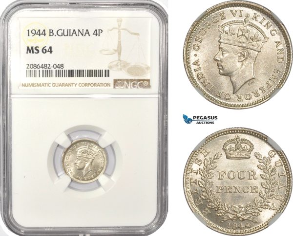AD944, British Guiana, George VI, Fourpence (4P) 1944, Silver, NGC MS64