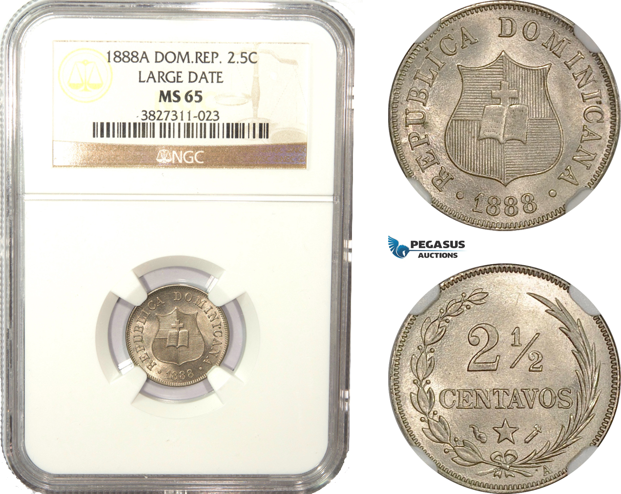 AD948, Dominican Republic, 2 1/2 Centavos 1888-A, Paris, Large Date, NGC MS65