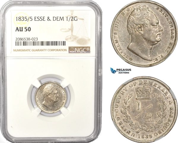 AD949, Essequibo & Demerary, William IV, 1/2 Guilder 1835/5, Silver, NGC AU50