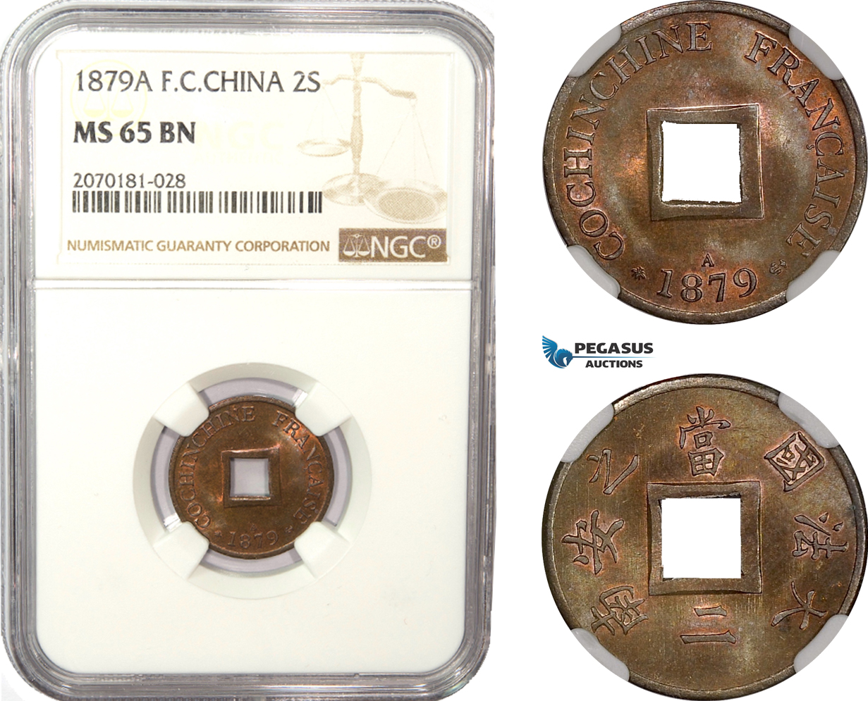 AD953, French Cochin-China, 2 Sapeque 1879-A, Paris, NGC MS65BN