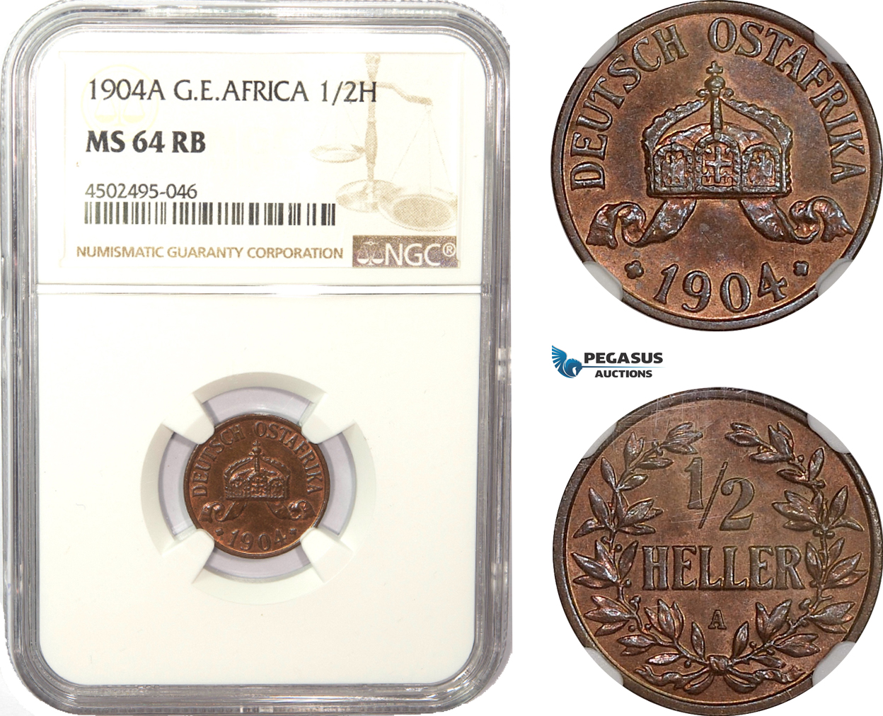 AD954, German East Africa (DOA) 1/2 Heller 1904-A, Berlin, NGC MS64RB