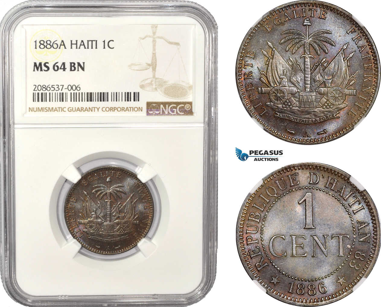 AD958, Haiti, 1 Centime 1886-A, Paris, NGC MS64BN