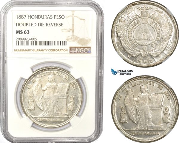 AD959, Honduras, 1 Peso 1887, Tegucicalpa, Silver, NGC MS63 DDR, Pop 1/0