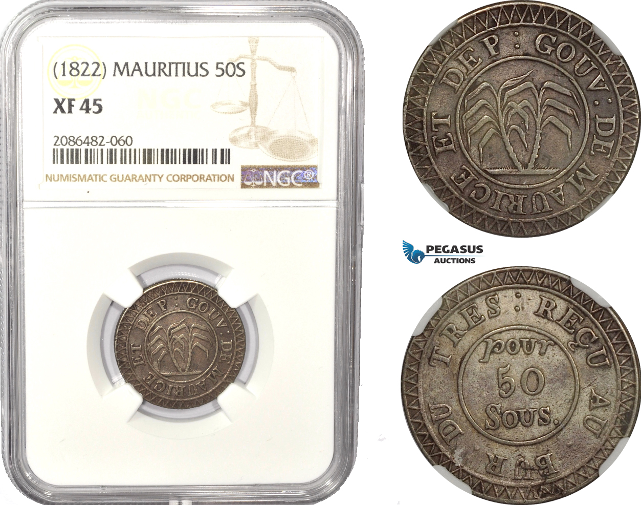 AD968, Mauritius, 50 Sous ND (1822) Silver, NGC XF45