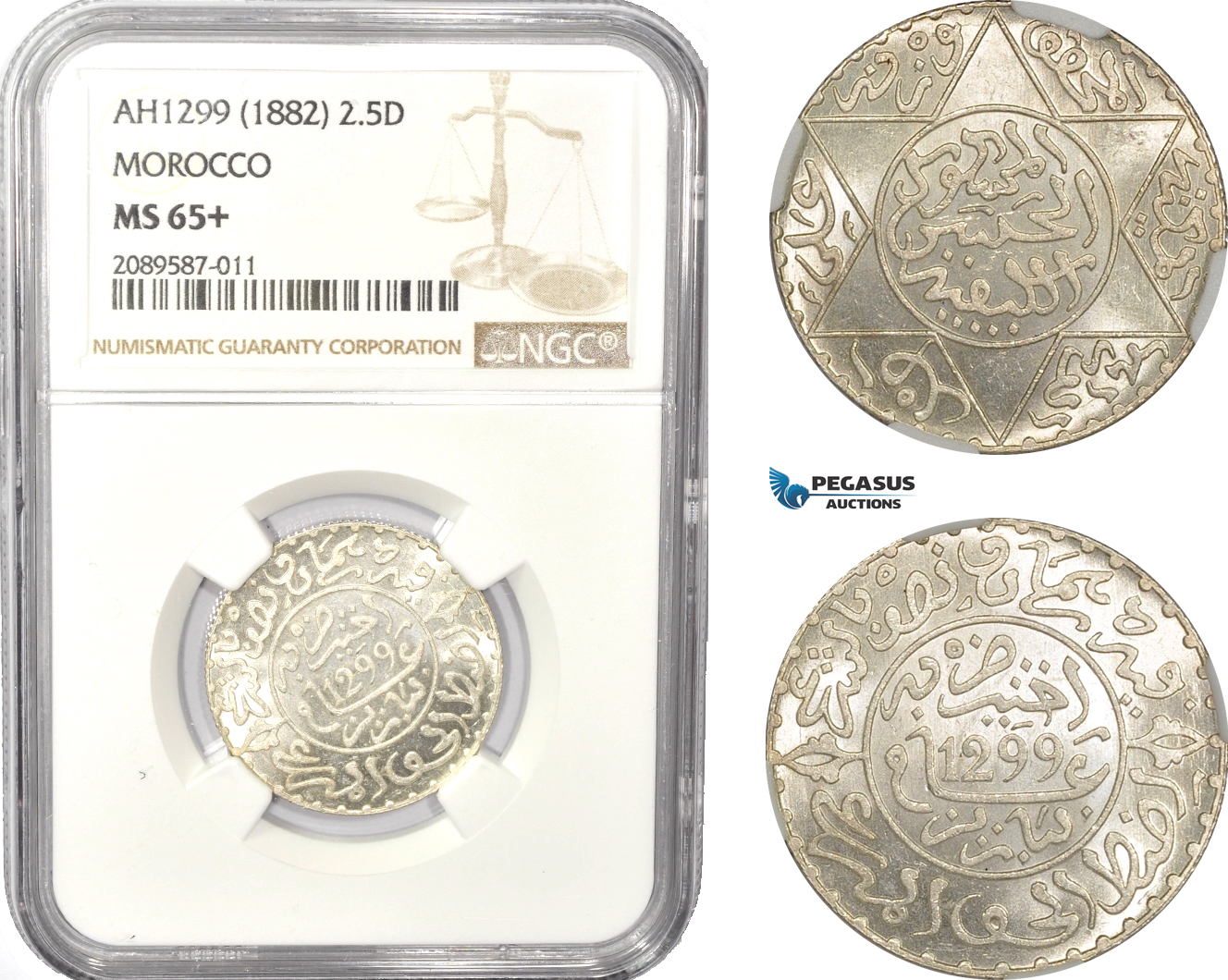 AD971, Morocco, Moulay al-­Hasan I, 2 1/2 Dirhams AH1299 (1882) Silver, NGC MS65+