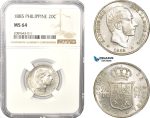 AD976, Philippines (Spanish Colony) Alfonso XII. of Spain, 20 Centimos 1885, Silver, NGC MS64