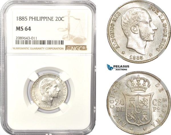 AD976, Philippines (Spanish Colony) Alfonso XII. of Spain, 20 Centimos 1885, Silver, NGC MS64