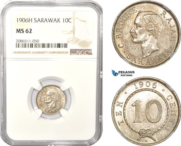 AD987, Sarawak, C. Brooke Rajah, 10 Cents 1906-H, Silver, NGC MS62, Pop 3/1