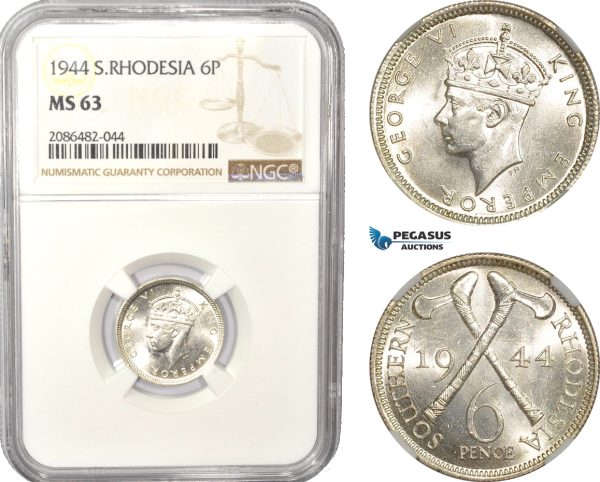 AD991, Southern Rhodesia, George VI, Sixpence (6P) 1944, Silver, NGC MS63, Pop 2/0