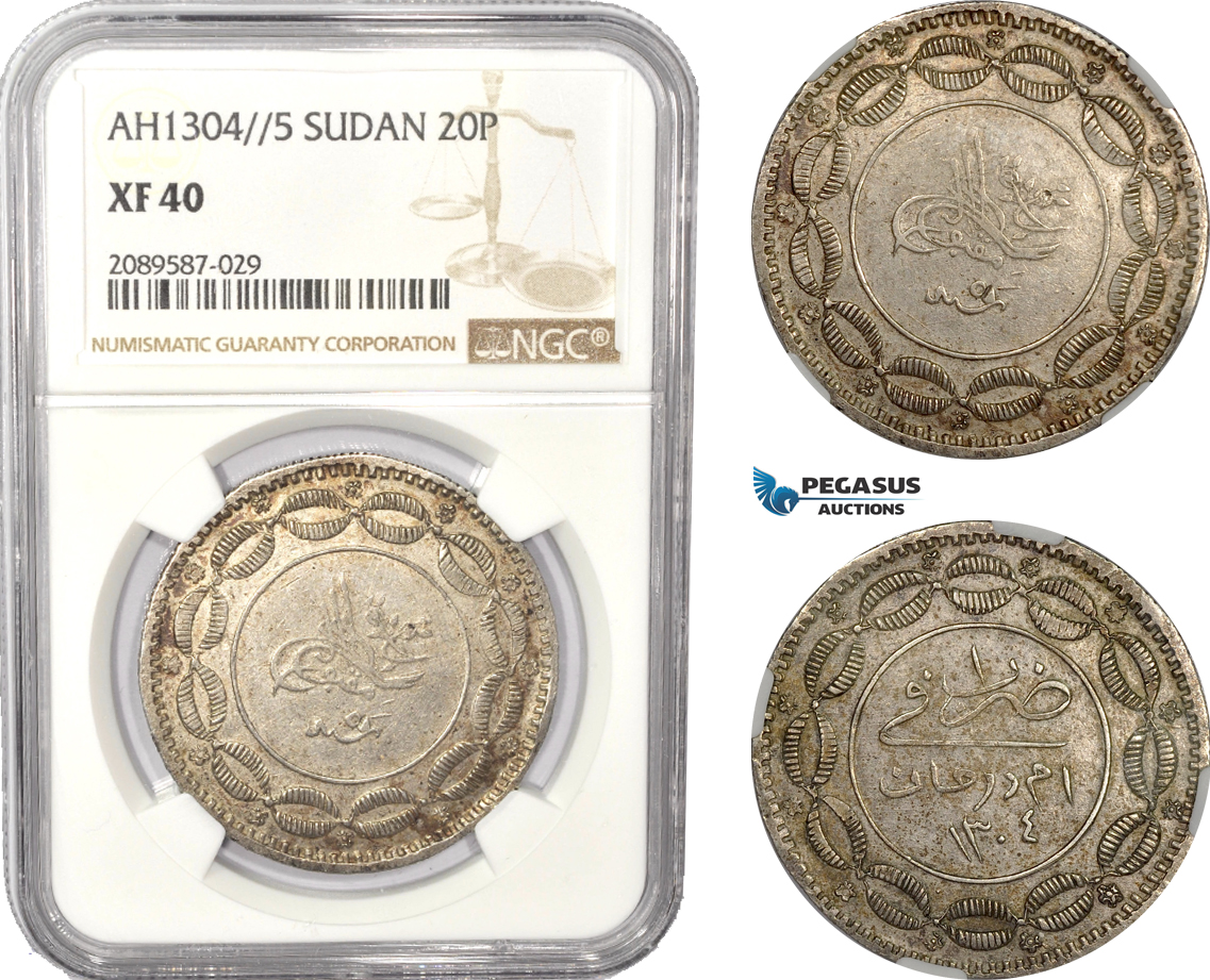 AD994, Sudan, Abdullah Ibn Mohammed, 20 Piastres AH1304/5, Khartoum, Billon, KM# 7.1, NGC XF40
