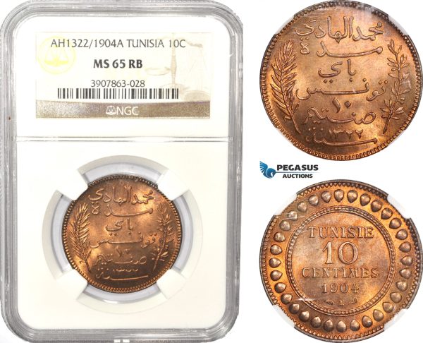 AD996, Tunisia, French Protectorate, 10 Centimes AH1322 (1904) -A, Paris, NGC MS65RB