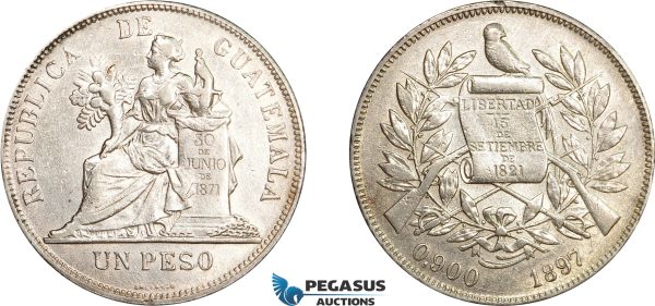 AE027, Guatemala, 1 Peso 1897, Silver, Cleaned AU