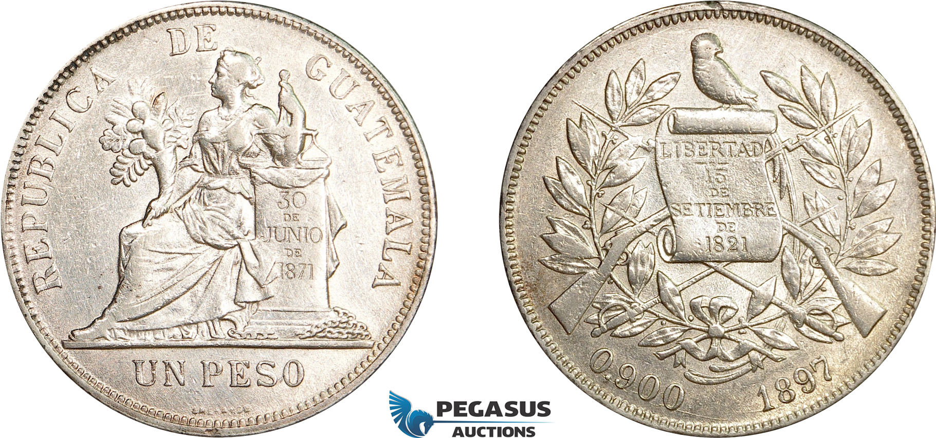 AE027, Guatemala, 1 Peso 1897, Silver, Cleaned AU
