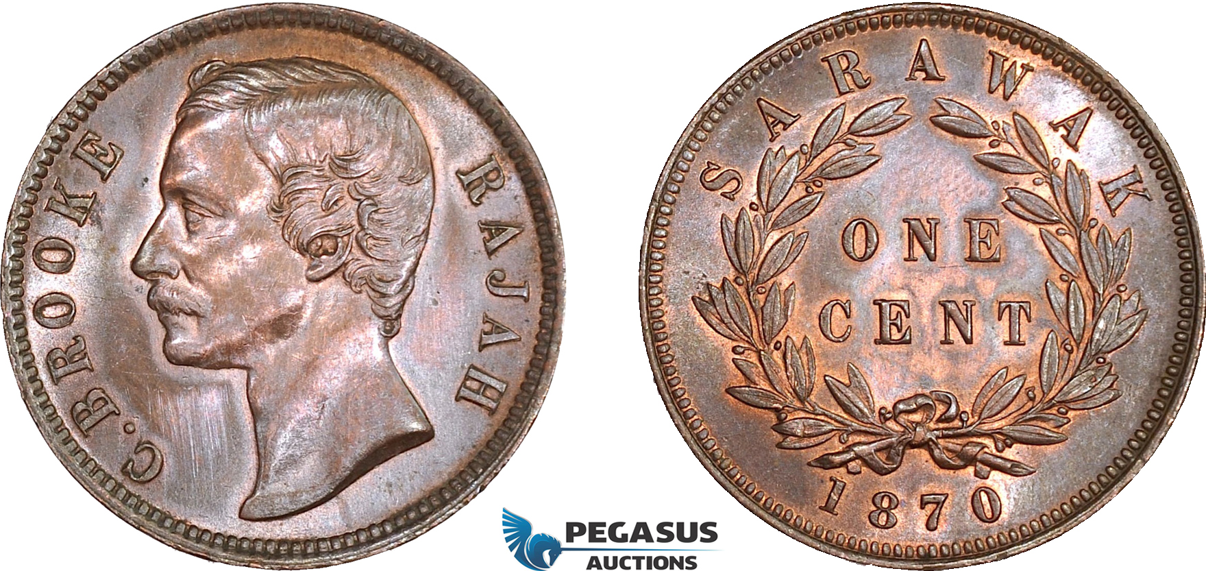 AE057, Sarawak, C. Brooke Rajah, 1 Cent 1870, Cleaned AU-UNC