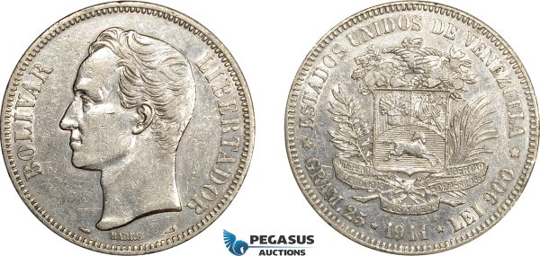 AE063, Venezuela, 5 Bolivares 1911, Paris, Silver, Cleaned XF