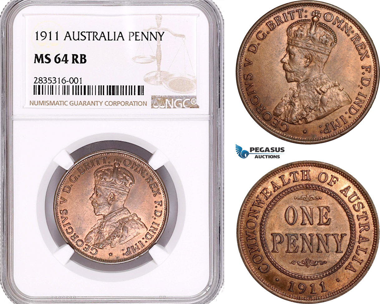 AE065, Australia, George V, 1 Penny 1911, NGC MS64RB