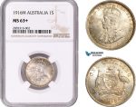 AE066, Australia, George V, 1 Shilling 1916-M, Melbourne, Silver, NGC MS63+
