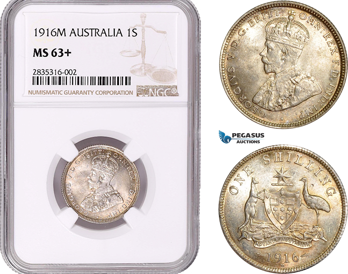 AE066, Australia, George V, 1 Shilling 1916-M, Melbourne, Silver, NGC MS63+