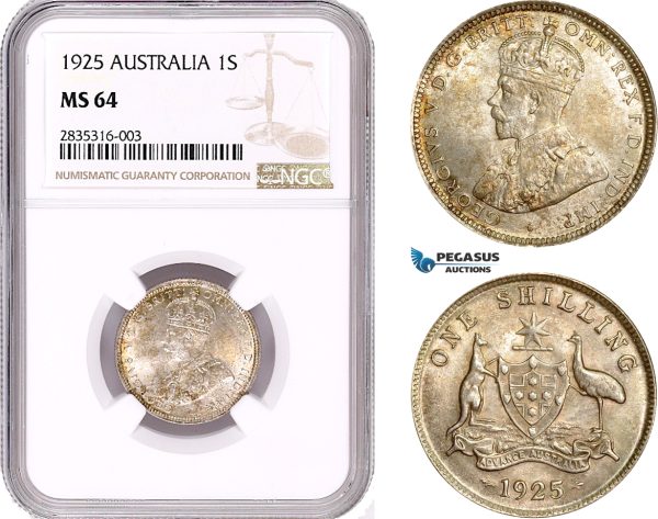 AE067, Australia, George V, 1 Shilling 1925, Silver, NGC MS64