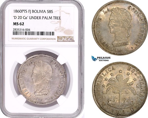 AE068, Bolivia, 8 Soles 1860 PTS FJ, Potosi, Silver, NGC MS62, Pop 1/0, Rare!