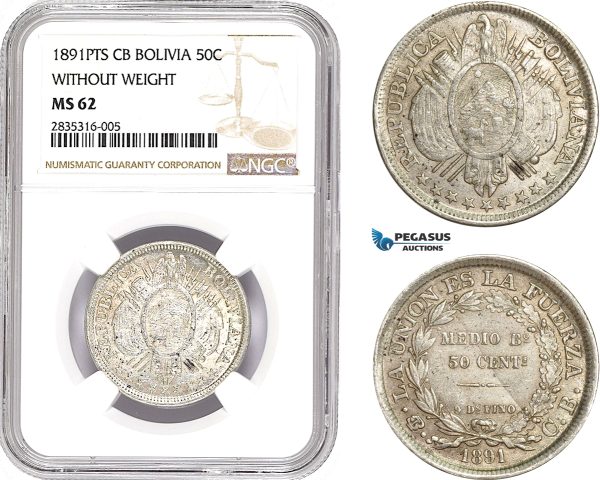 AE069, Bolivia, 50 Centavos 1891 PTS CB, Potosi, Silver, NGC MS62