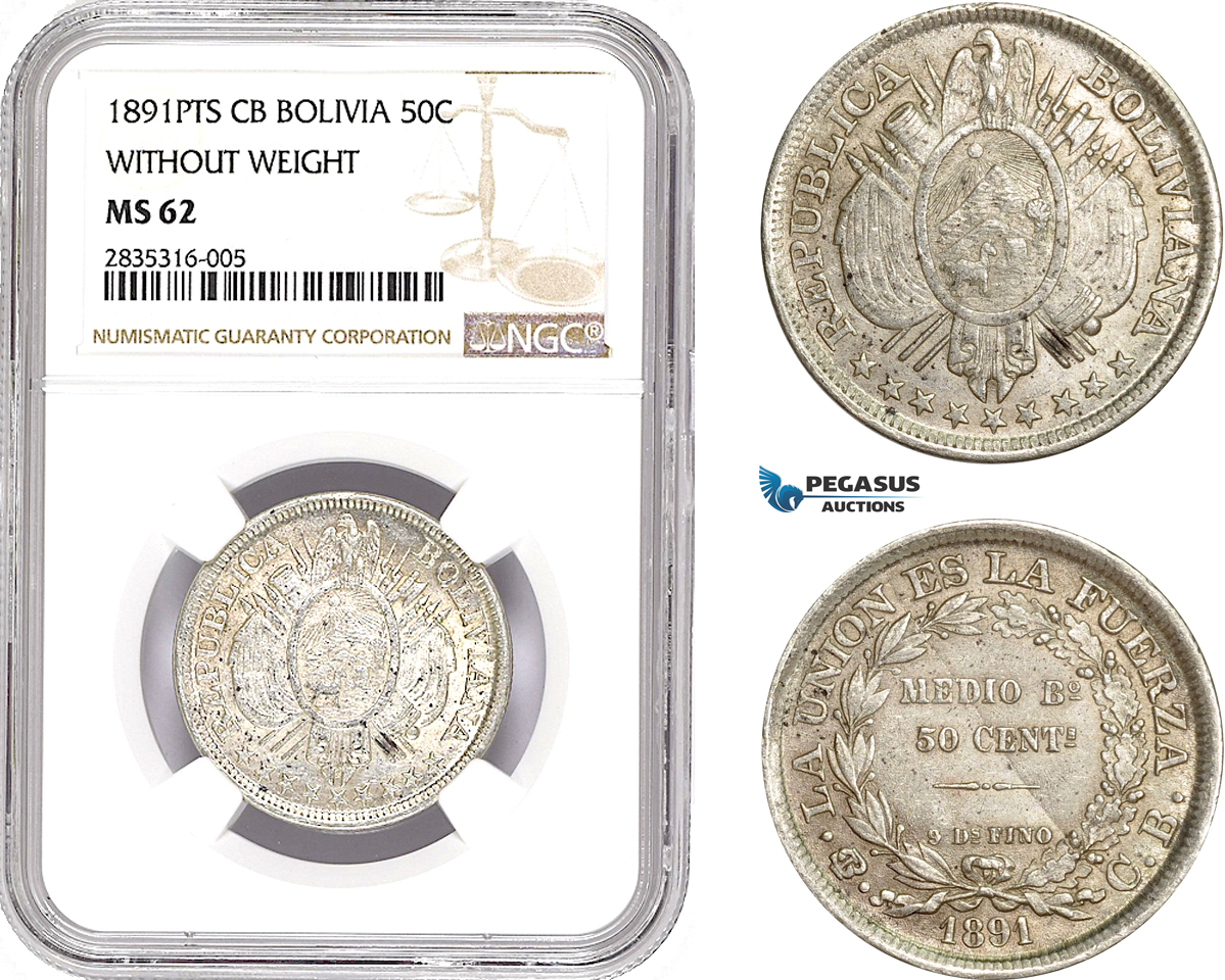 AE069, Bolivia, 50 Centavos 1891 PTS CB, Potosi, Silver, NGC MS62