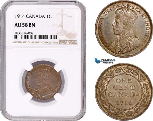 AE072, Canada, George V, 1 Cent 1914, NGC AU58BN