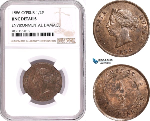AE089, Cyprus, Victoria, 1/2 Piastre 1886, London, NGC UNC Det.