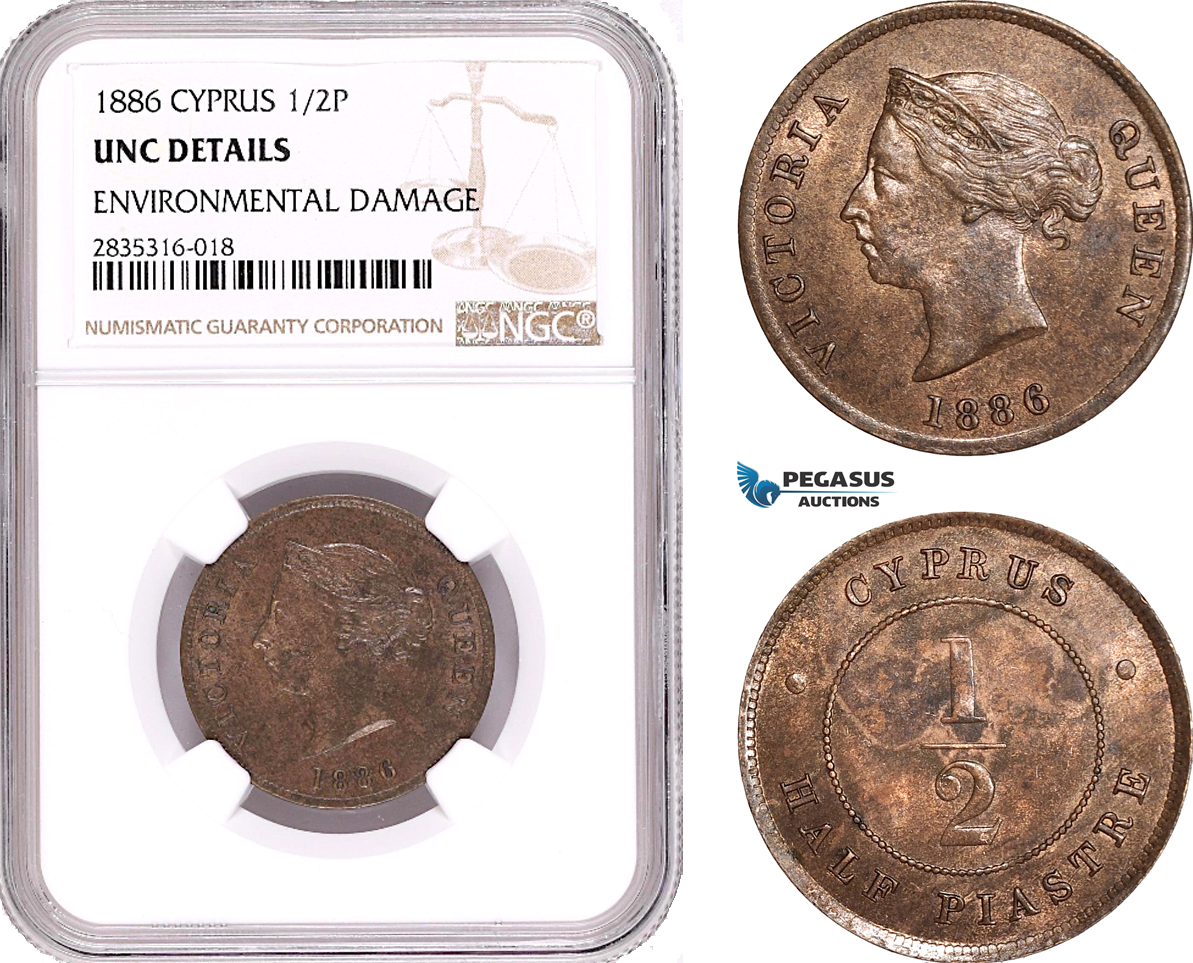 AE089, Cyprus, Victoria, 1/2 Piastre 1886, London, NGC UNC Det.
