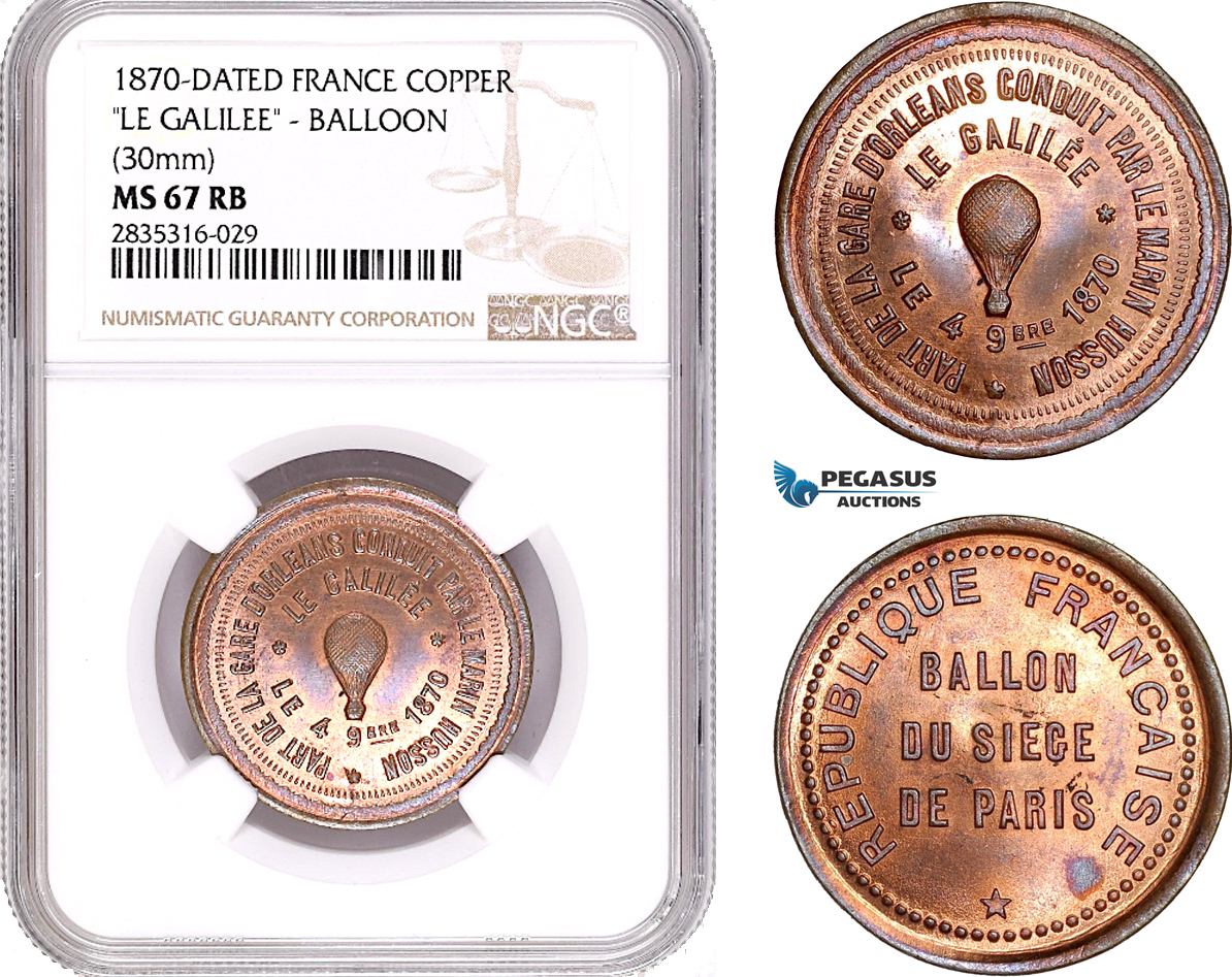 AE105, France, Copper Medal 1870 (Ø30mm) "Le Galilee" Balloon, NGC MS67RB, Pop 1/0